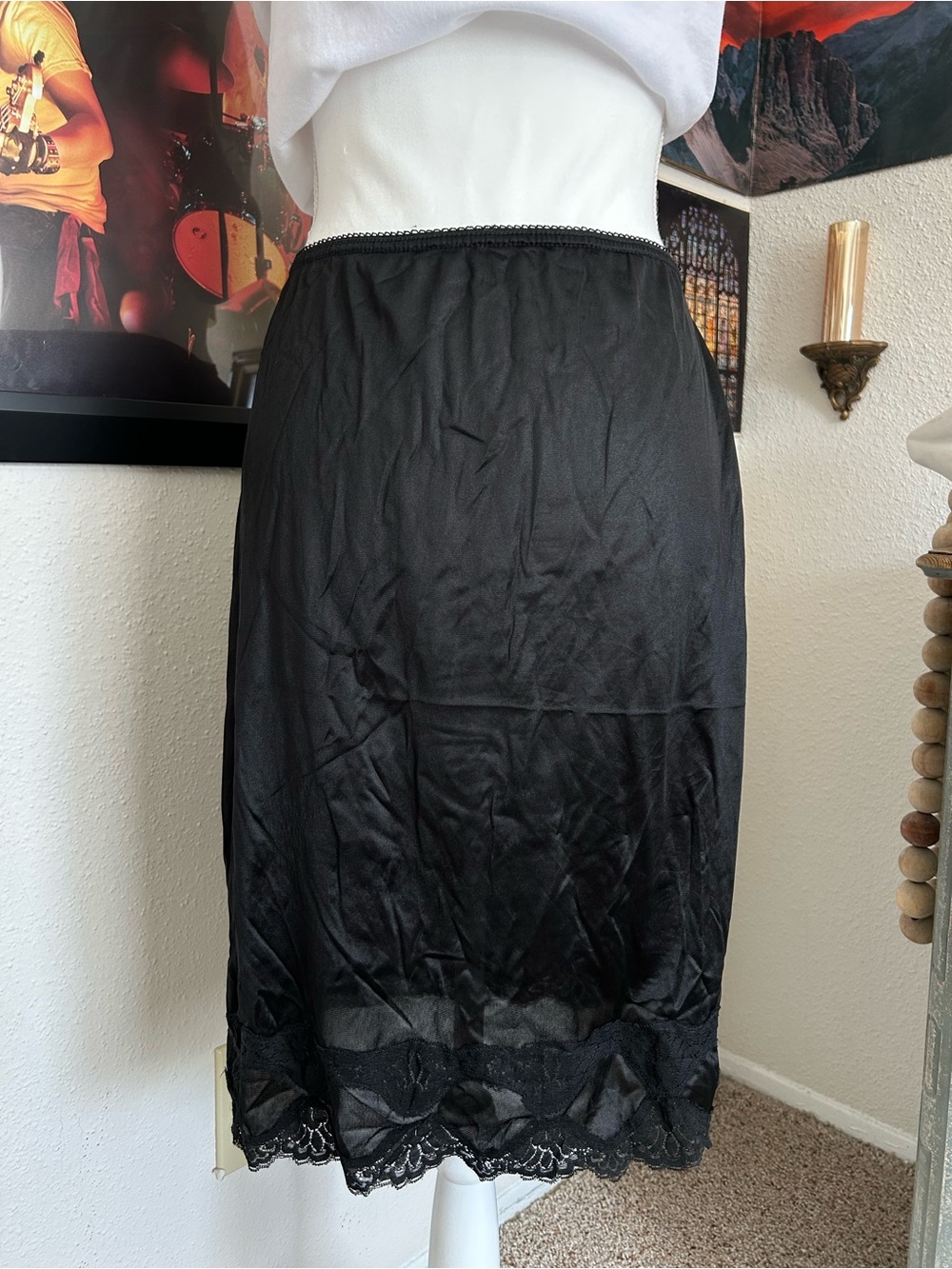Vintage Black Satin Slip Skirt Lace Trim Y2K Slinky Silky Romantic Retro Size M